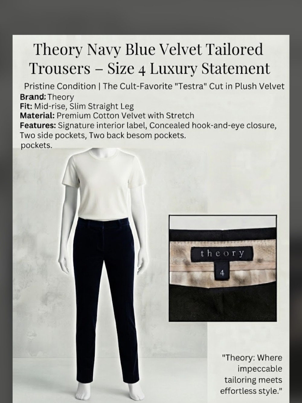 ​Theory Navy Blue Velvet Tailored Trousers Pants Size 4 Luxury Statement